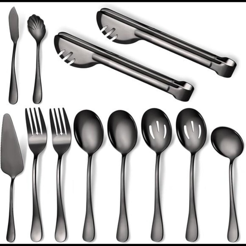 Black Serving Utensils,12 Pcs Stainless Steel Serving Utensil with Serving Spoon